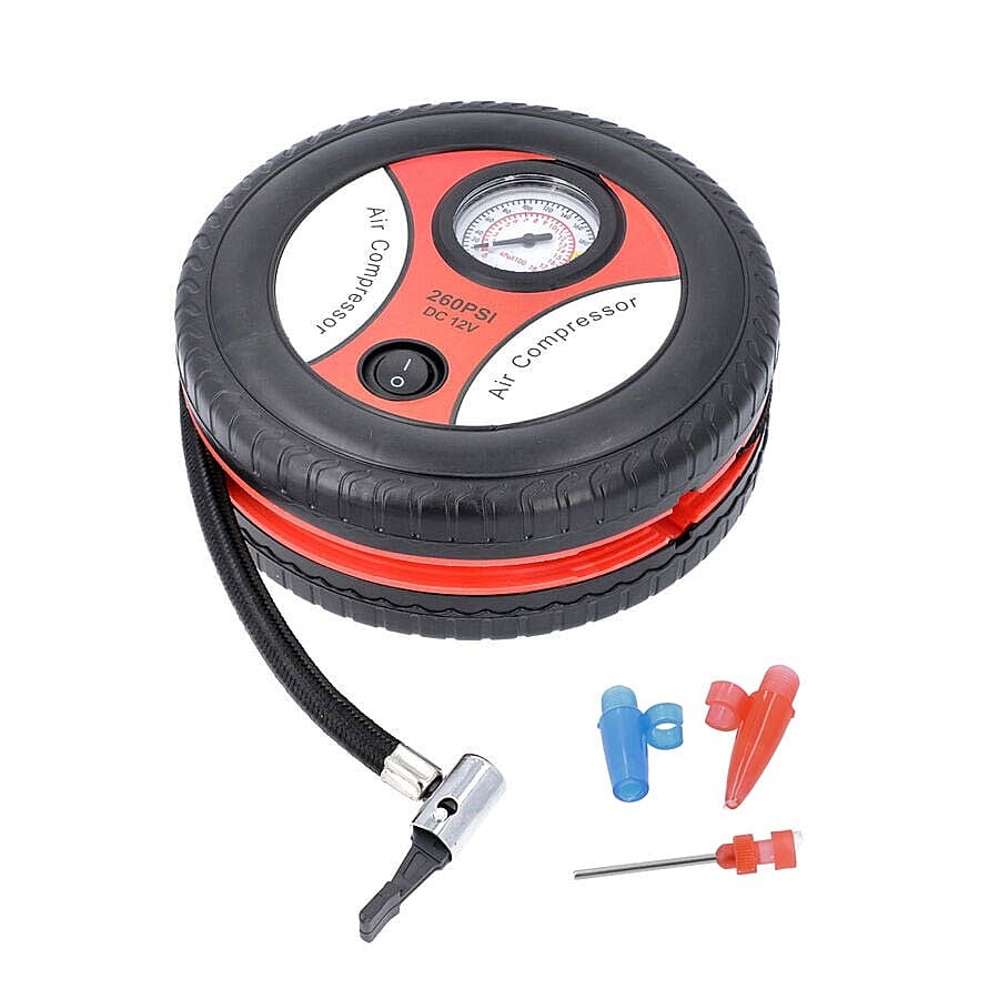 Portable Tyre Inflator with Pressure Gauge (Size 18.5x9.9x18.5cm) - Black and Red
