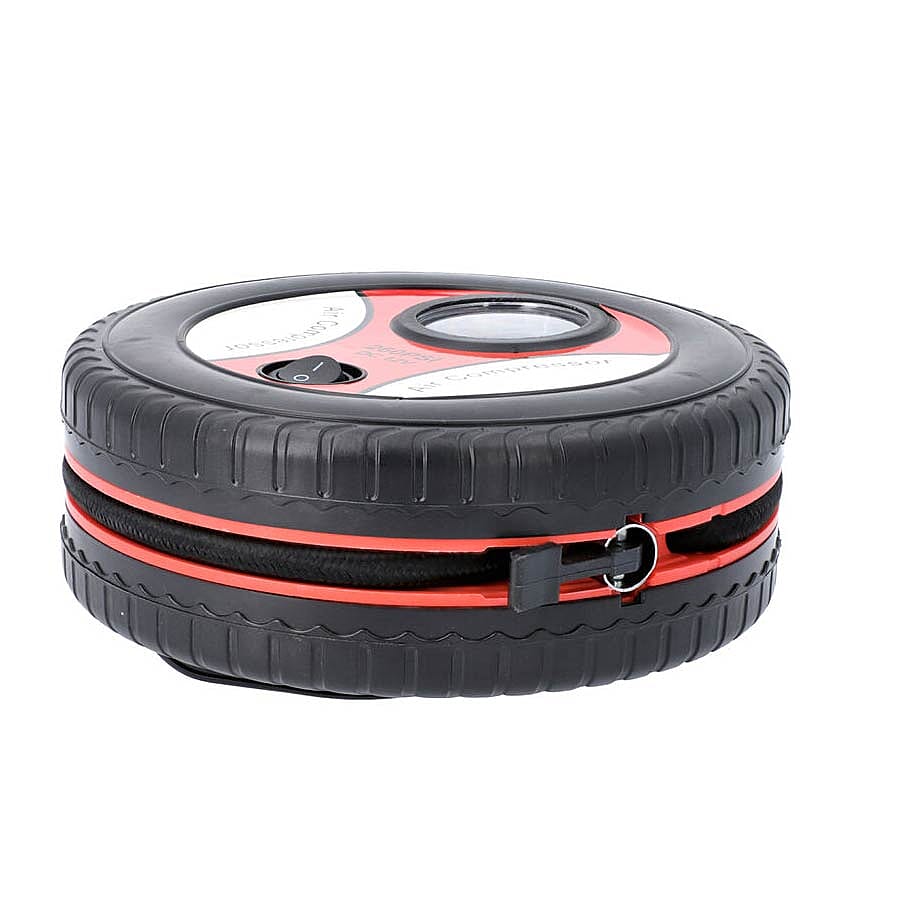 Portable Tyre Inflator with Pressure Gauge (Size 18.5x9.9x18.5cm) - Black and Red