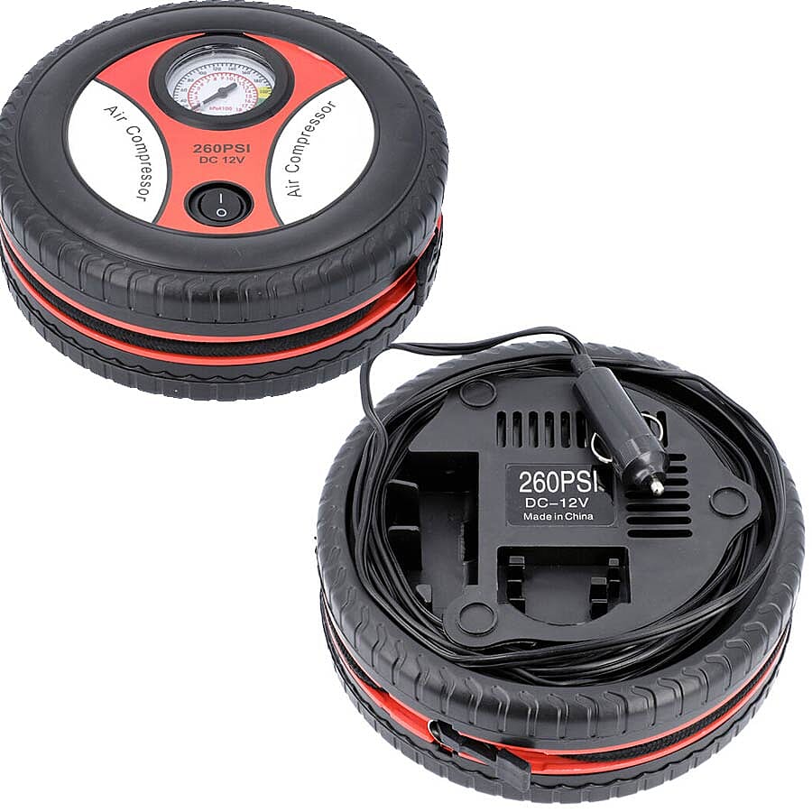 Portable Tyre Inflator with Pressure Gauge (Size 18.5x9.9x18.5cm) - Black and Red