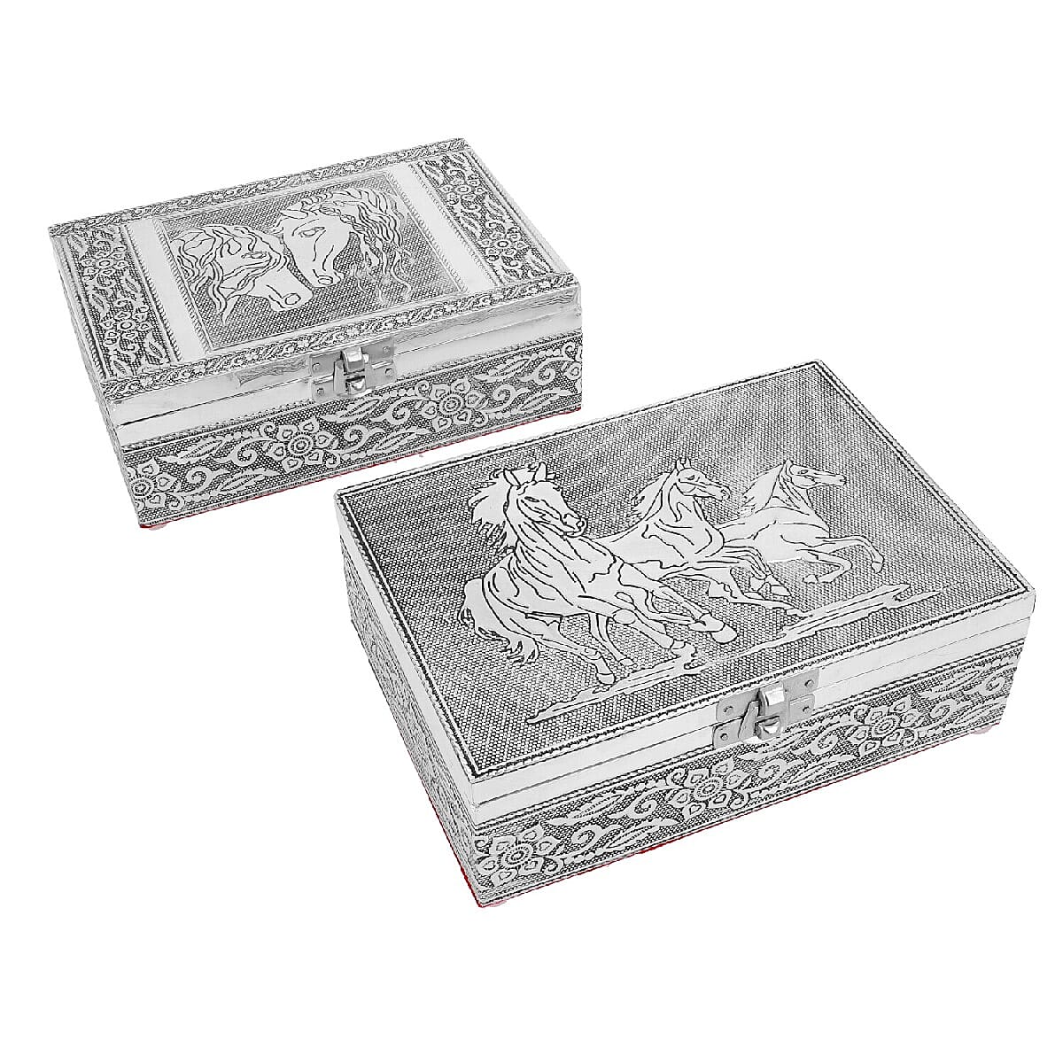 Set of 2 - Horse Embossed Jewellery Storage Box with Red Velvet Lining (Size 17.7x12.7x5.08 Cm)