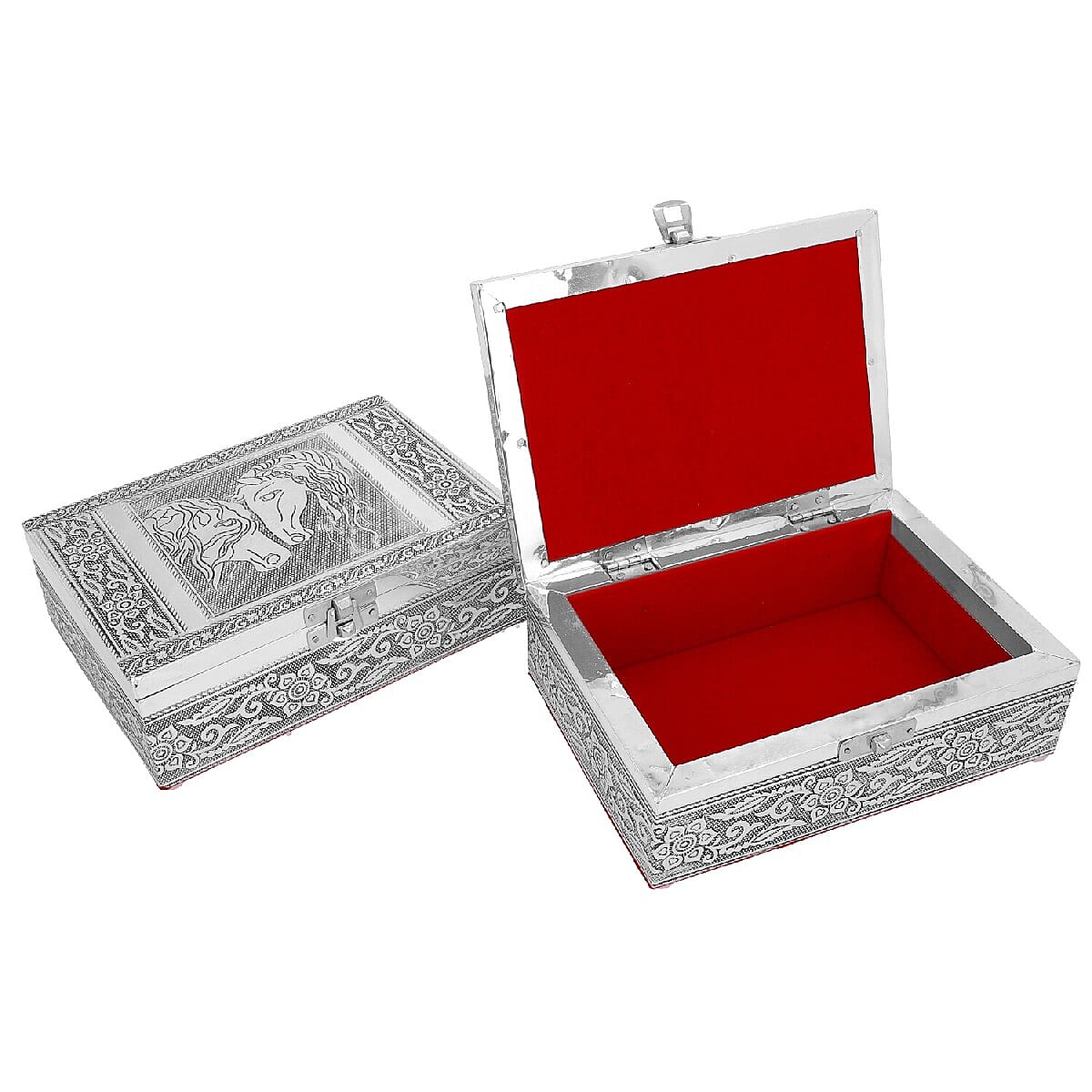 Set of 2 - Horse Embossed Jewellery Storage Box with Red Velvet Lining (Size 17.7x12.7x5.08 Cm)