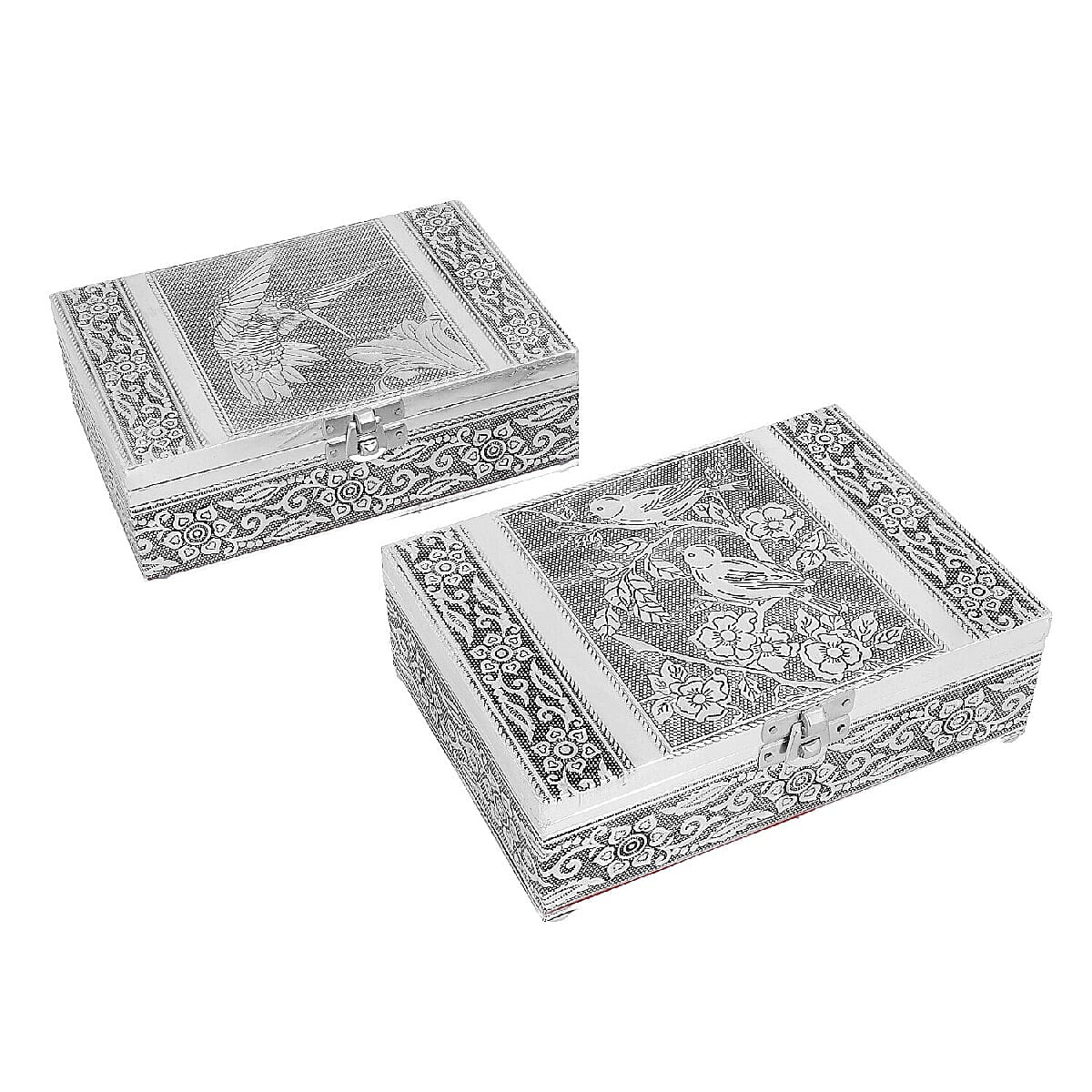 Set of 2 - Humming Bird Embossed Jewellery Storage Box with Wine Red Velvet Lining (Size 17.7x12.7x5.08 Cm)