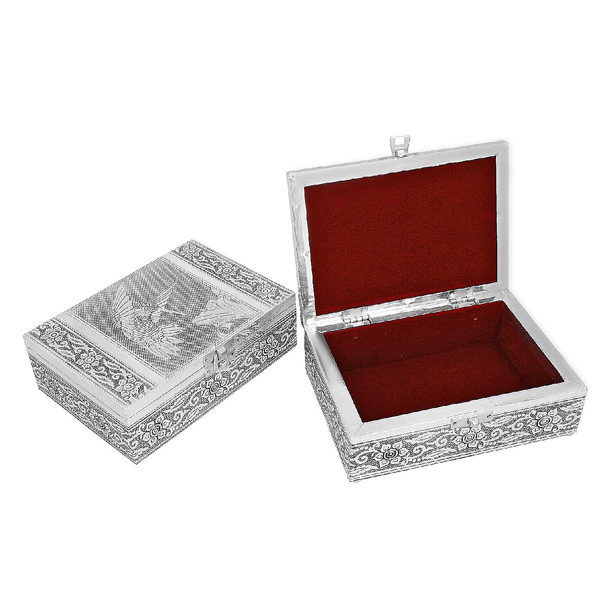 Set of 2 - Humming Bird Embossed Jewellery Storage Box with Wine Red Velvet Lining (Size 17.7x12.7x5.08 Cm)