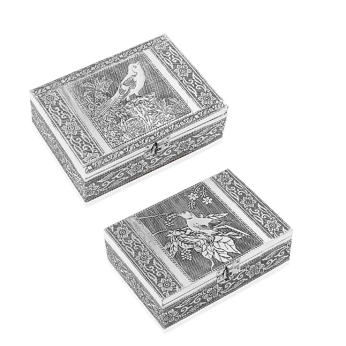 Set of 2 - Bird Embossed Jewellery Storage Box with Blue Velvet Lining (Size 17.7x12.7x5.08 Cm)