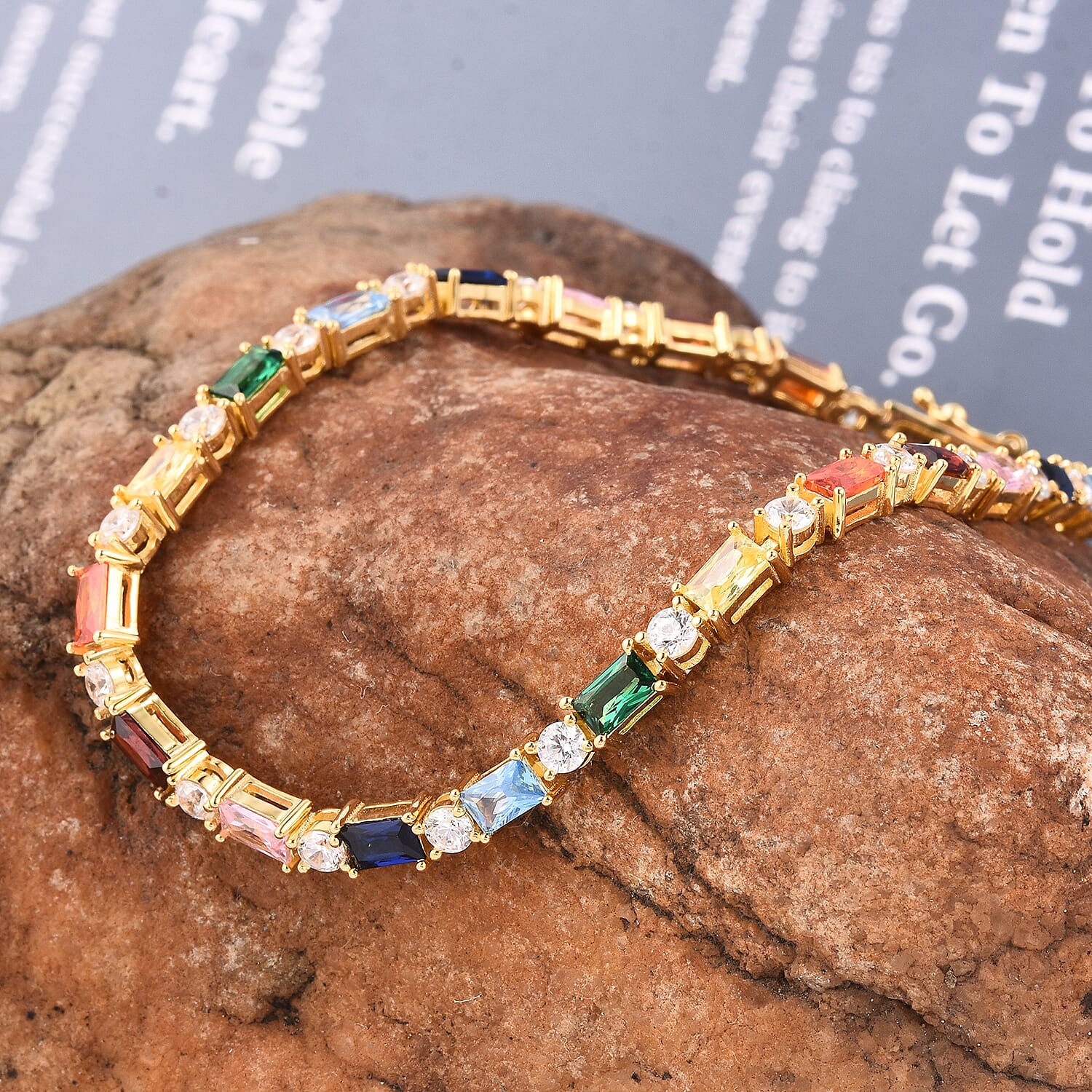 ELANZA Simulated Rainbow Sapphire and Simulated Diamond Bracelet (Size 8) in Yellow Gold Overlay Sterling Silver  Silver wt 9.25 Gms