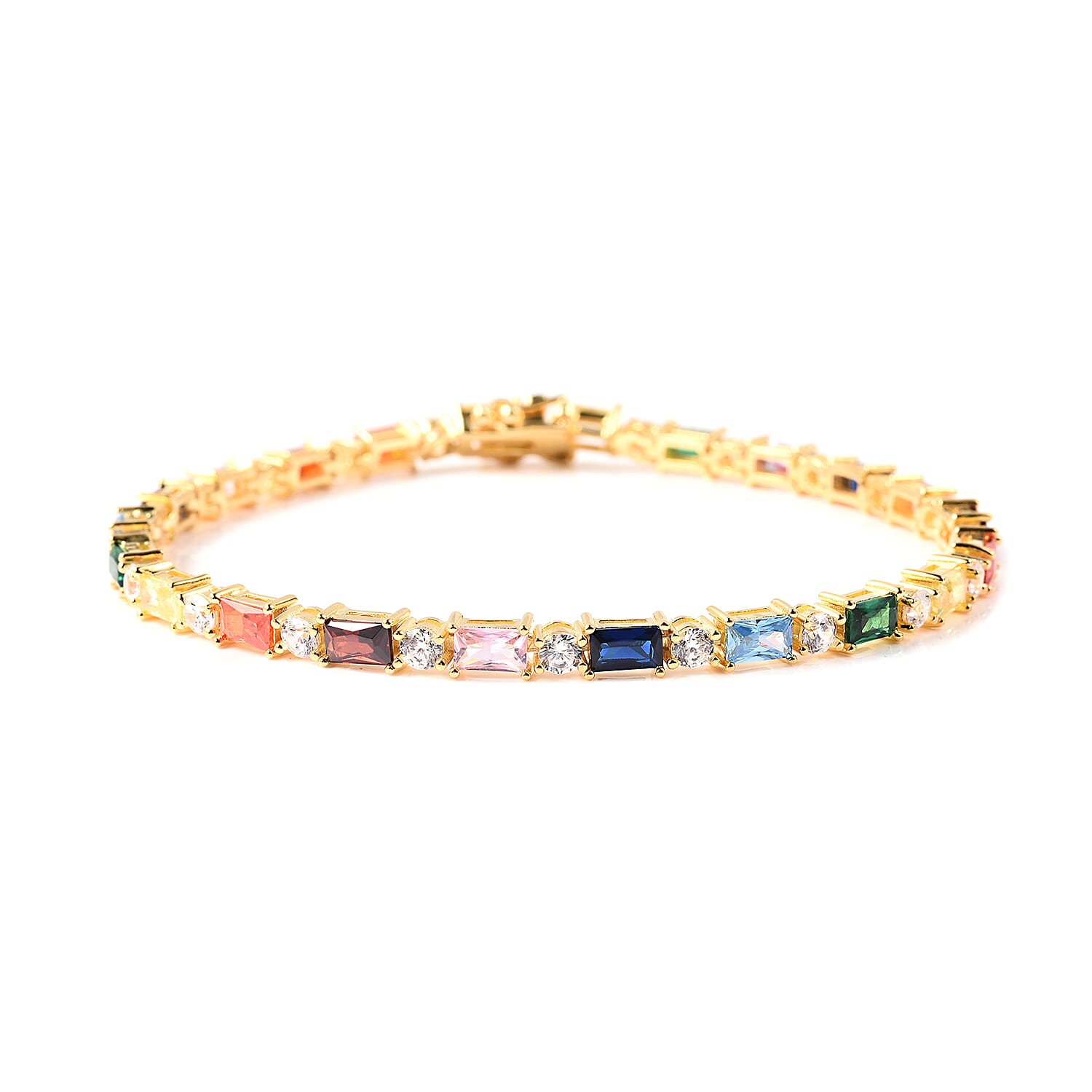 ELANZA Simulated Rainbow Sapphire and Simulated Diamond Bracelet (Size 8) in Yellow Gold Overlay Sterling Silver  Silver wt 9.25 Gms