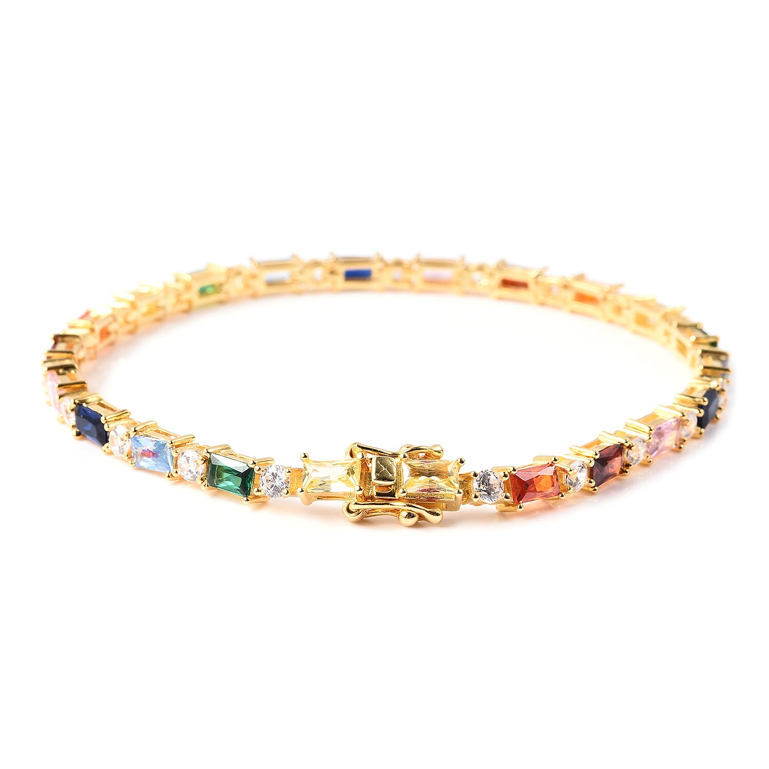 ELANZA Simulated Rainbow Sapphire and Simulated Diamond Bracelet (Size 8) in Yellow Gold Overlay Sterling Silver  Silver wt 9.25 Gms