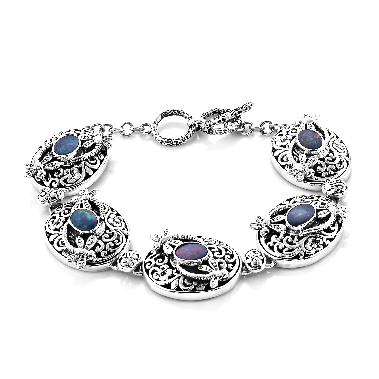 Royal Bali Collection - Australian Boulder Opal Floral Dragonfly Toggle Bar Bracelet (Size 7.5 with Extender) in Sterling Silver, Silver wt 32.00 Gms