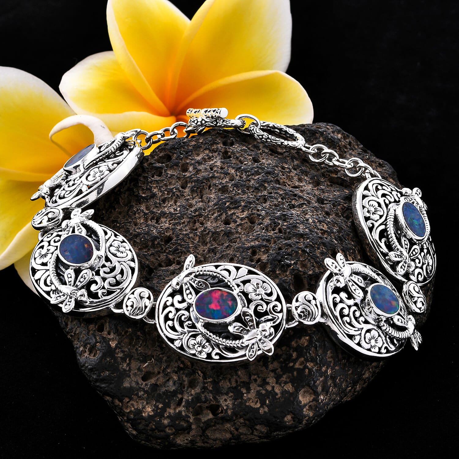 Royal Bali Collection - Australian Boulder Opal Floral Dragonfly Toggle Bar Bracelet (Size 7.5 with Extender) in Sterling Silver, Silver wt 32.00 Gms