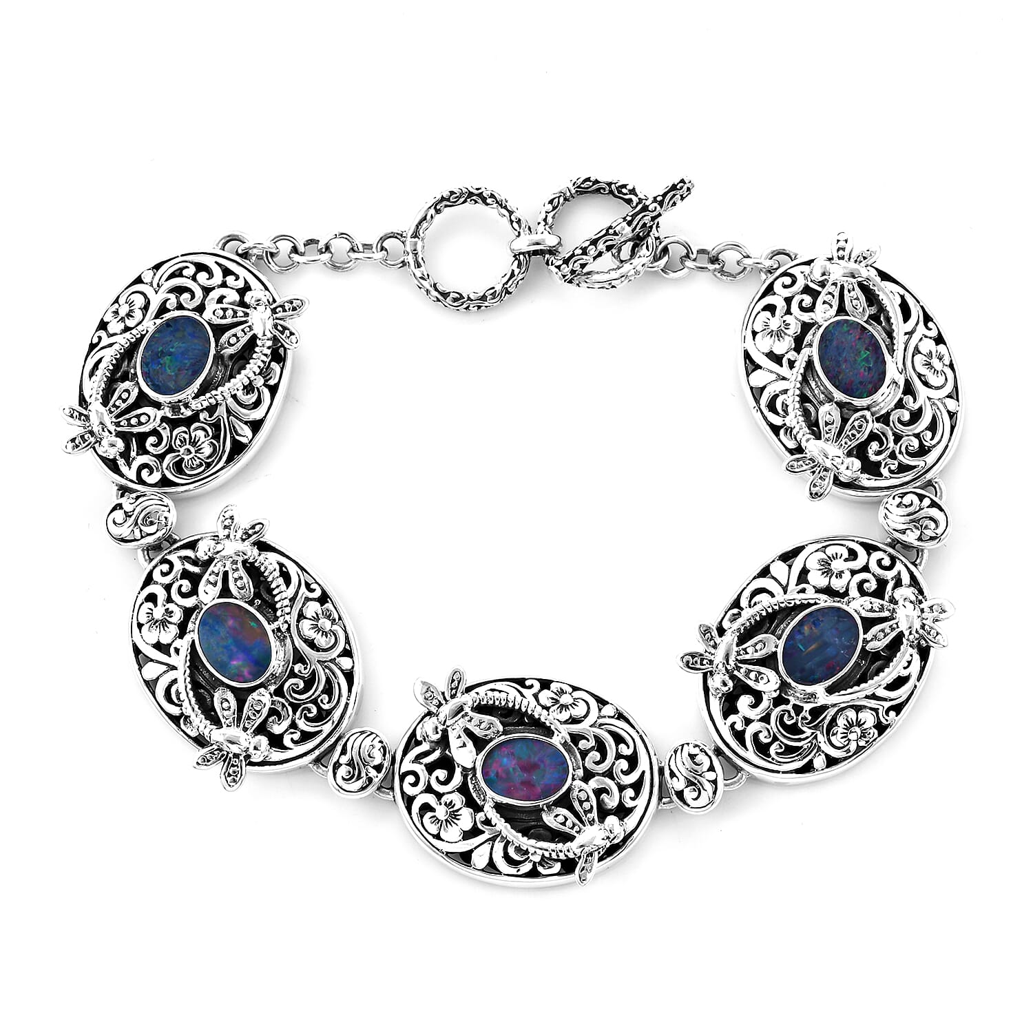 Royal Bali Collection - Australian Boulder Opal Floral Dragonfly Toggle Bar Bracelet (Size 7.5 with Extender) in Sterling Silver, Silver wt 32.00 Gms