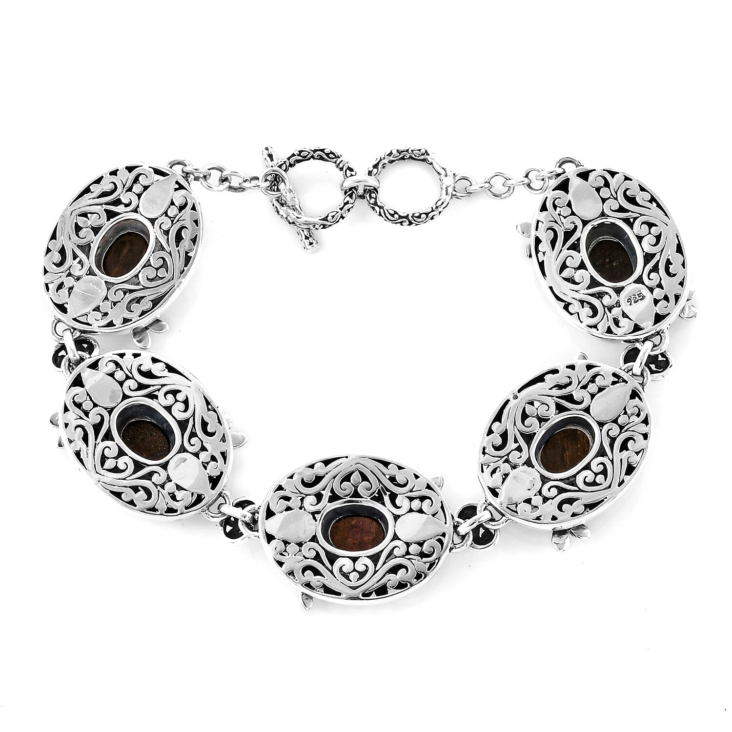 Royal Bali Collection - Australian Boulder Opal Floral Dragonfly Toggle Bar Bracelet (Size 7.5 with Extender) in Sterling Silver, Silver wt 32.00 Gms