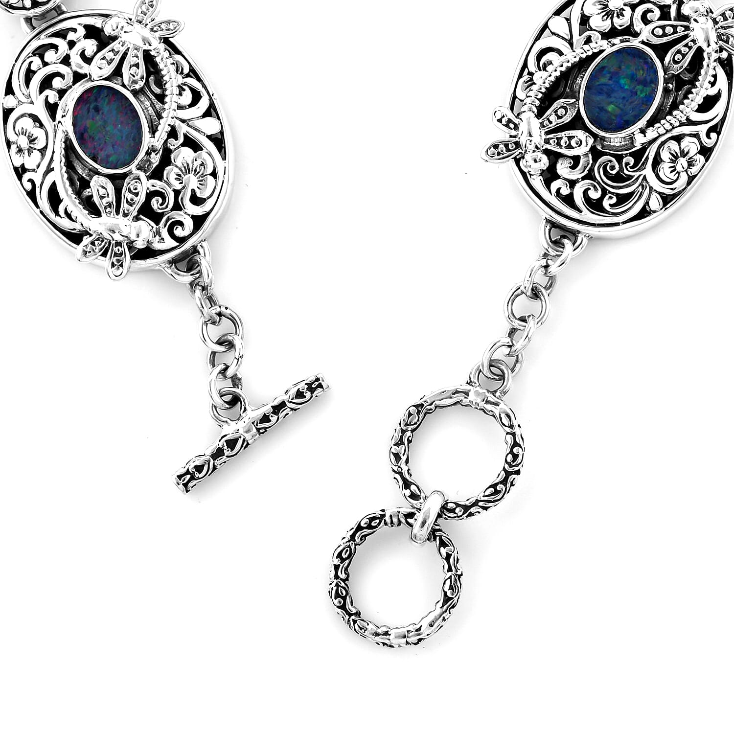 Royal Bali Collection - Australian Boulder Opal Floral Dragonfly Toggle Bar Bracelet (Size 7.5 with Extender) in Sterling Silver, Silver wt 32.00 Gms