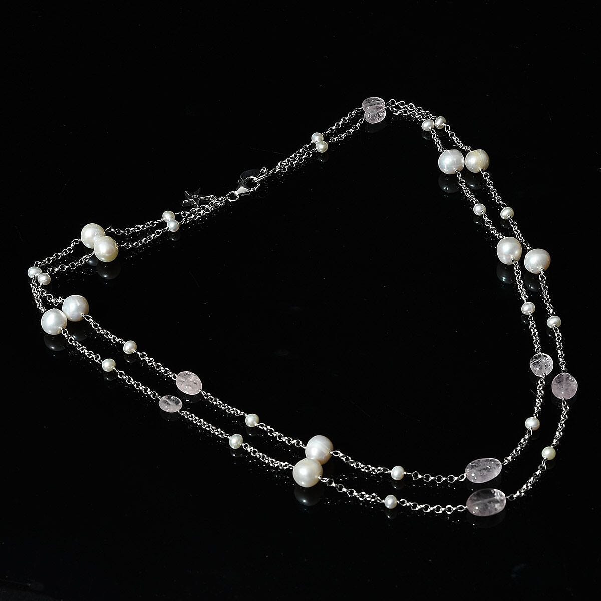 GP - Freshwater Pearl, Morganite and Blue Sapphire Double Strand Necklace (Size 20) in Rhodium Overlay Sterling Silver, Total Carat Wt 50 Cts