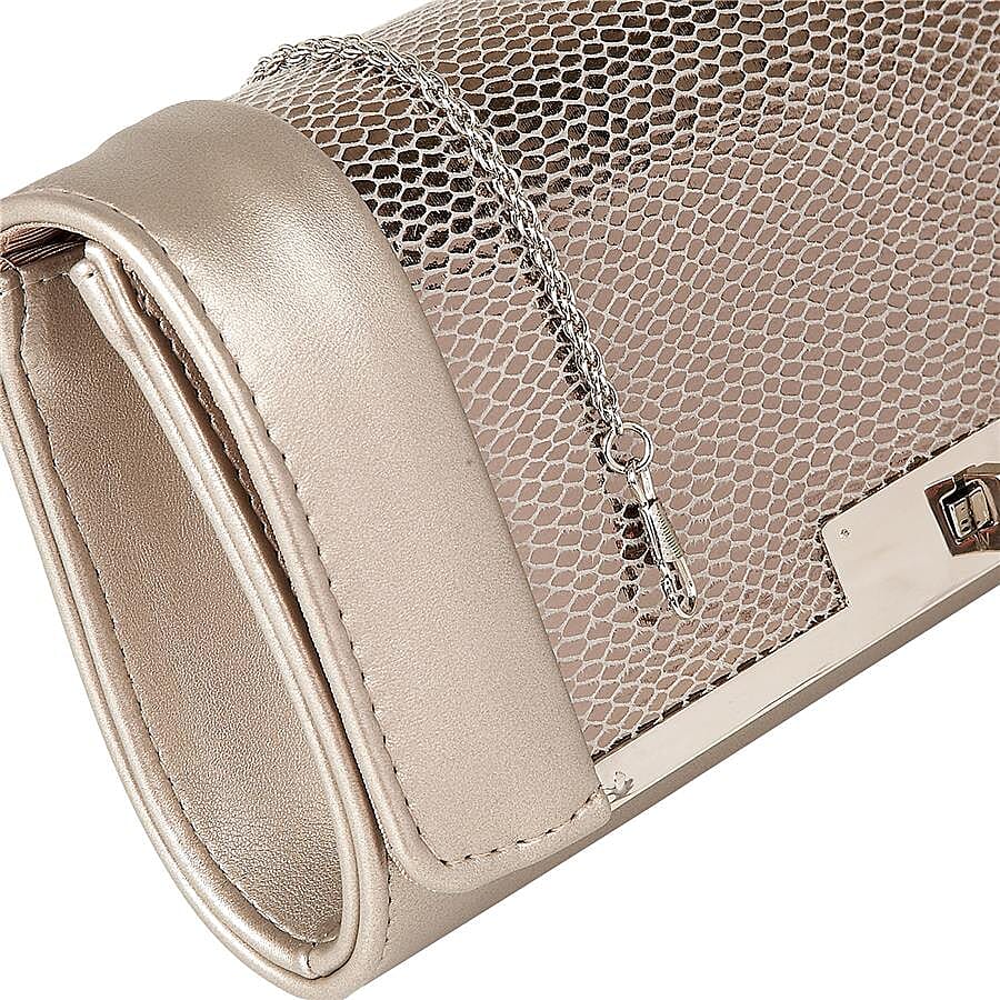 Lotus Snake Print Zonda Occasion Clutch Bag with Detachable Shoulder Chain Strap (Size 26x13x5 Cm) - Pewter