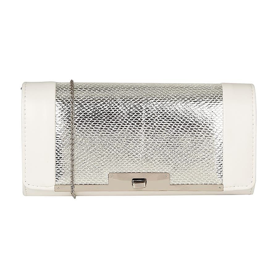 Lotus Snake Print Zonda Occasion Clutch Bag with Detachable Shoulder Chain Strap (Size 26x13x5 Cm) - White and Silver