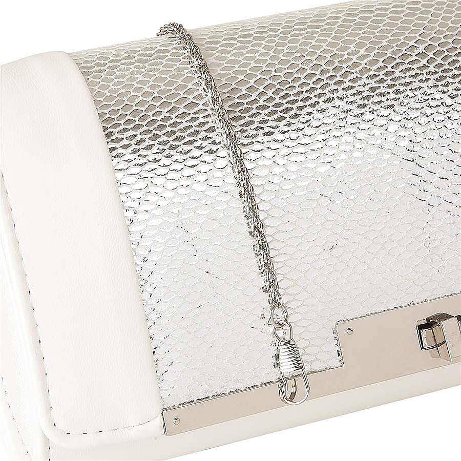 Lotus Snake Print Zonda Occasion Clutch Bag with Detachable Shoulder Chain Strap (Size 26x13x5 Cm) - White and Silver