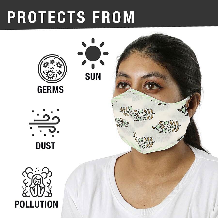 Set of 2 - 100% Cotton Hand Block Printed Reusable Double Layer Face Cover (One Size Fits All) - White and Dark Green
