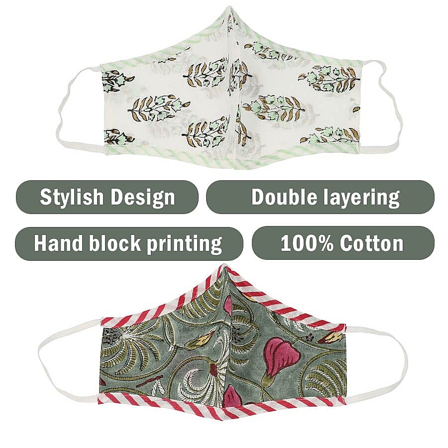 Set of 2 - 100% Cotton Hand Block Printed Reusable Double Layer Face Cover (One Size Fits All) - White and Dark Green