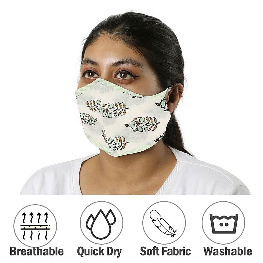Set of 2 - 100% Cotton Hand Block Printed Reusable Double Layer Face Cover (One Size Fits All) - White and Dark Green