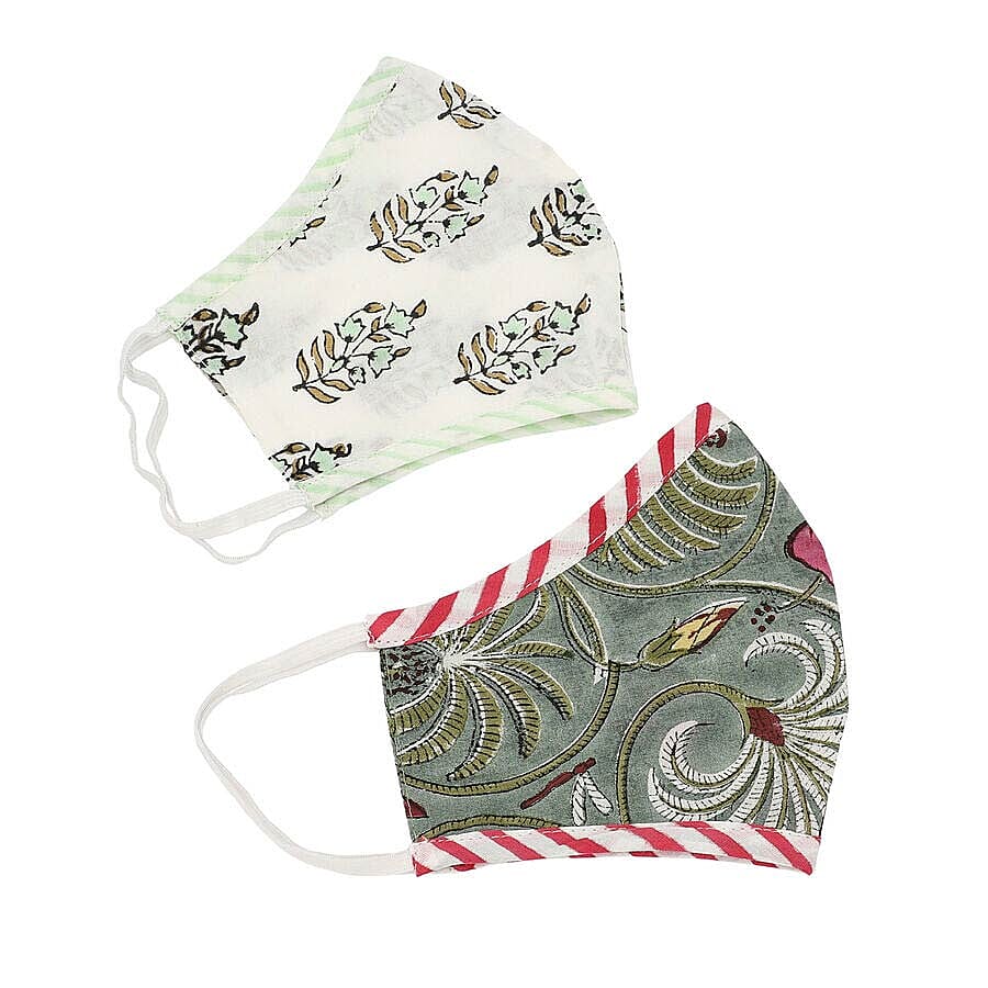 Set of 2 - 100% Cotton Hand Block Printed Reusable Double Layer Face Cover (One Size Fits All) - White and Dark Green