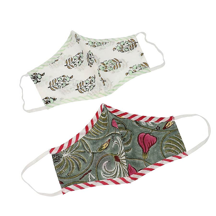 Set of 2 - 100% Cotton Hand Block Printed Reusable Double Layer Face Cover (One Size Fits All) - White and Dark Green