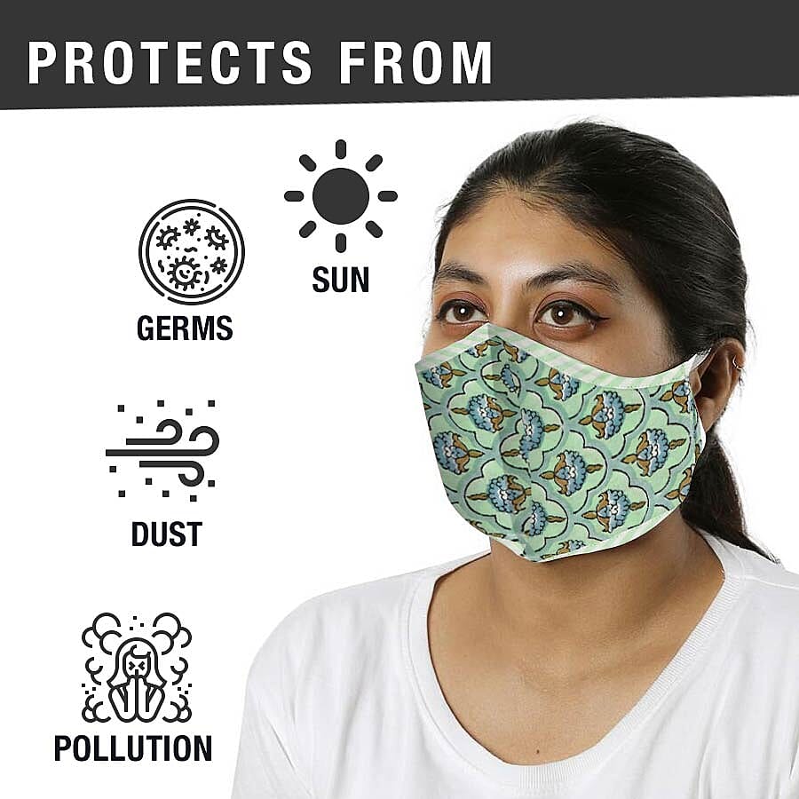Set of 2 - 100% Cotton Hand Block Printed Reusable Double Layer Face Cover (One Size Fits All) - Dark and Light Green