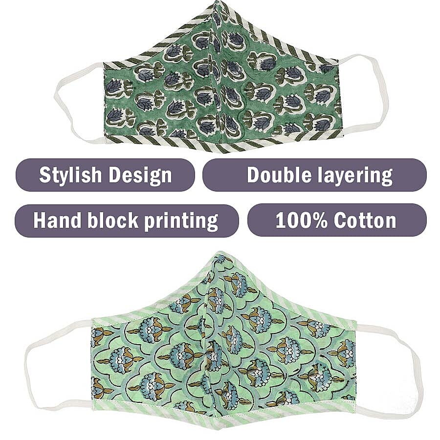 Set of 2 - 100% Cotton Hand Block Printed Reusable Double Layer Face Cover (One Size Fits All) - Dark and Light Green