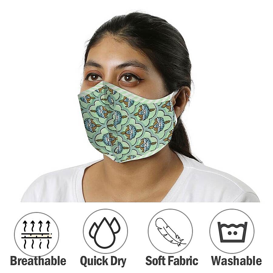 Set of 2 - 100% Cotton Hand Block Printed Reusable Double Layer Face Cover (One Size Fits All) - Dark and Light Green
