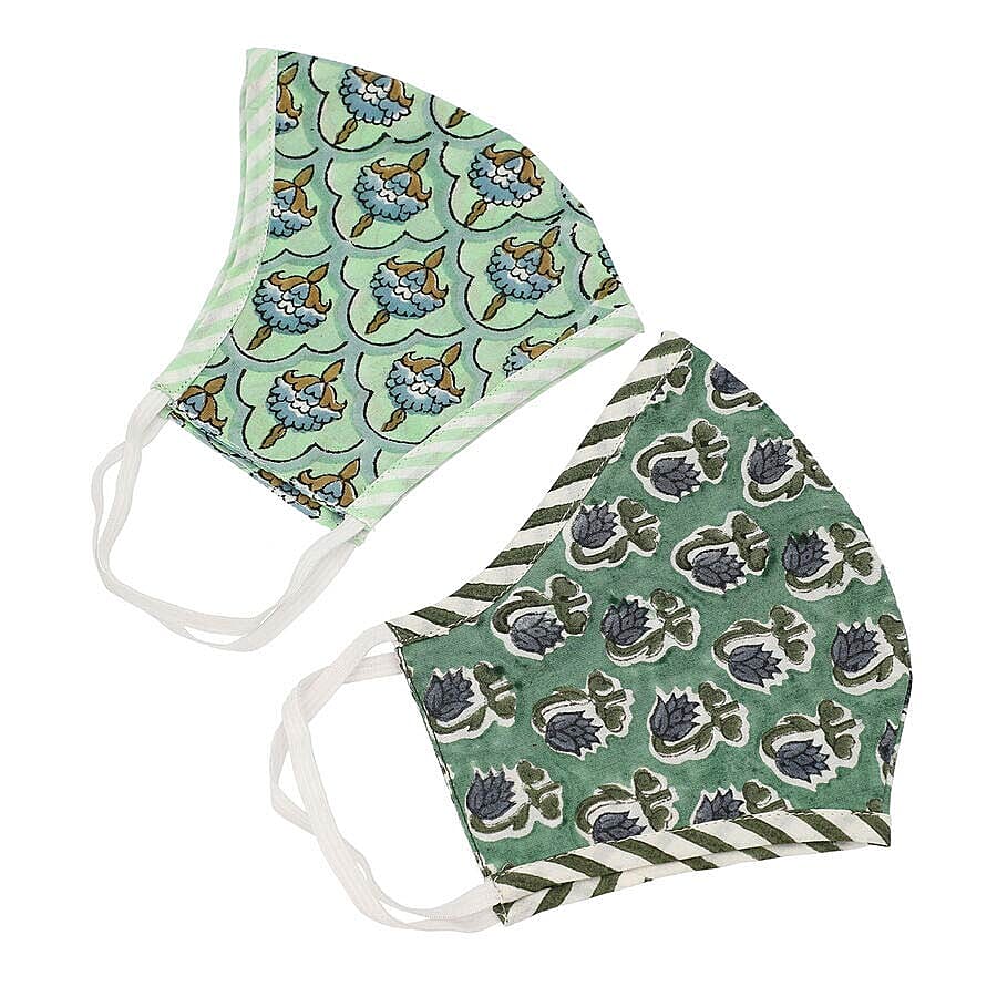 Set of 2 - 100% Cotton Hand Block Printed Reusable Double Layer Face Cover (One Size Fits All) - Dark and Light Green