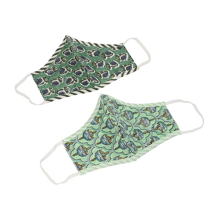 Set of 2 - 100% Cotton Hand Block Printed Reusable Double Layer Face Cover (One Size Fits All) - Dark and Light Green