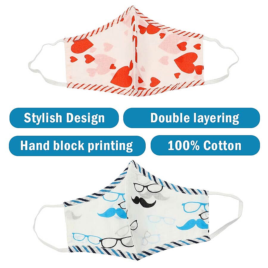 Set of 2 - 100% Cotton Hand Block Printed Reusable Double Layer Face Cover (One Size Fits All) - Red and Blue