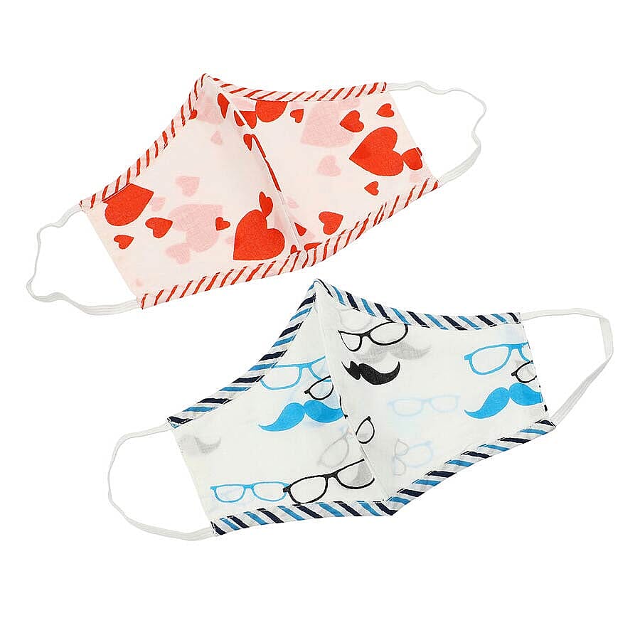 Set of 2 - 100% Cotton Hand Block Printed Reusable Double Layer Face Cover (One Size Fits All) - Red and Blue