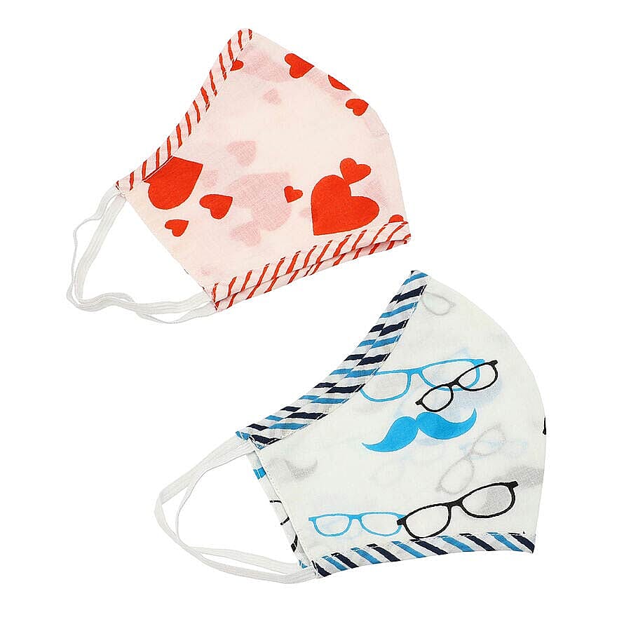 Set of 2 - 100% Cotton Hand Block Printed Reusable Double Layer Face Cover (One Size Fits All) - Red and Blue