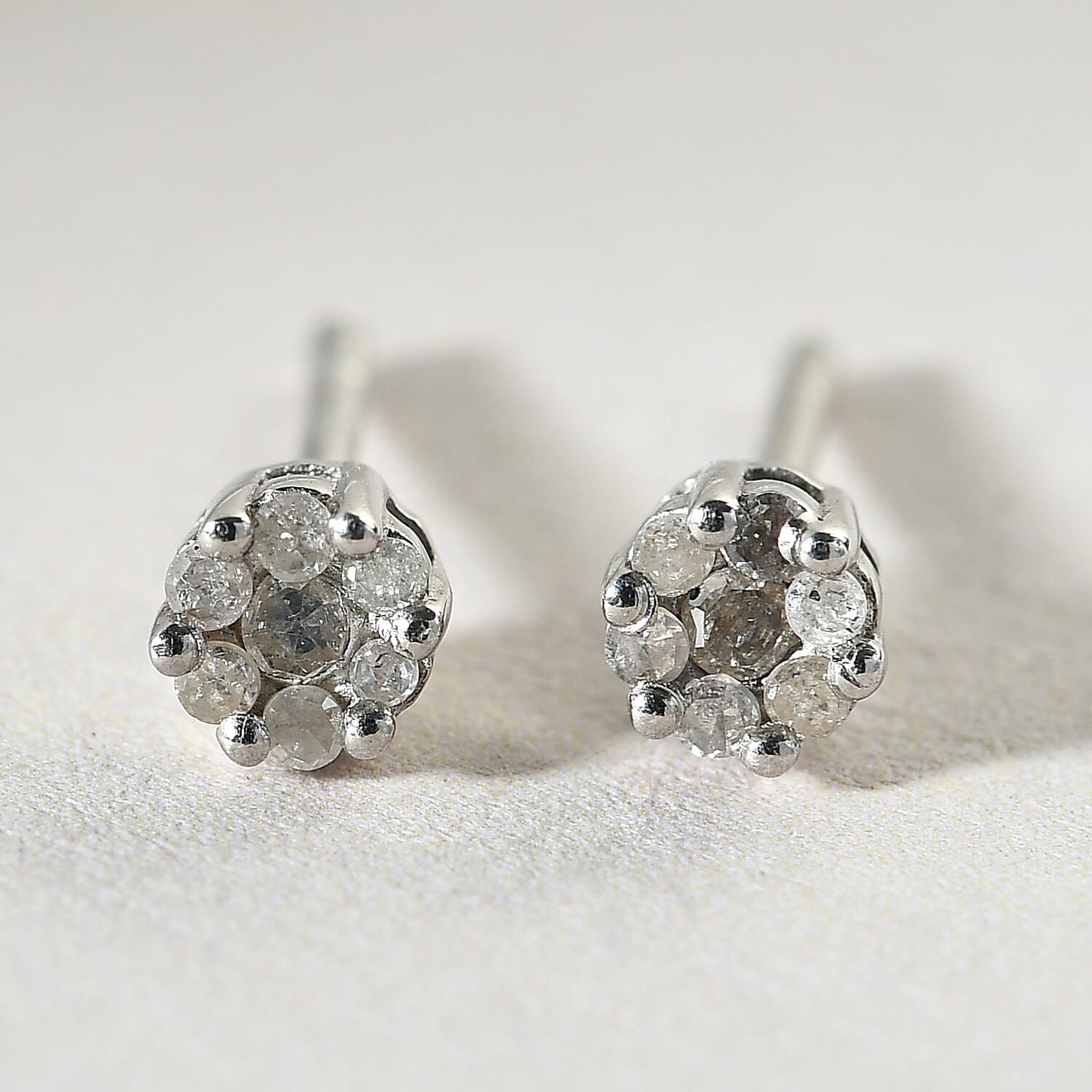 Diamond Pressure Set Floral Stud Earrings in Platinum Overlay Sterling Silver