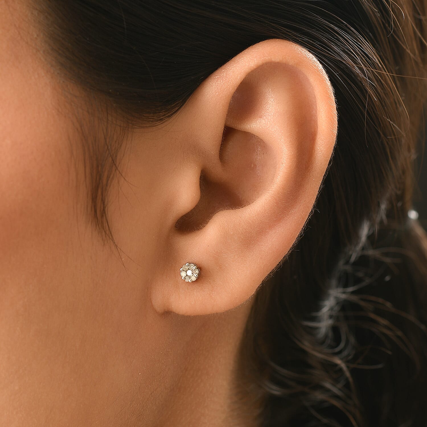 Diamond Pressure Set Floral Stud Earrings in Platinum Overlay Sterling Silver