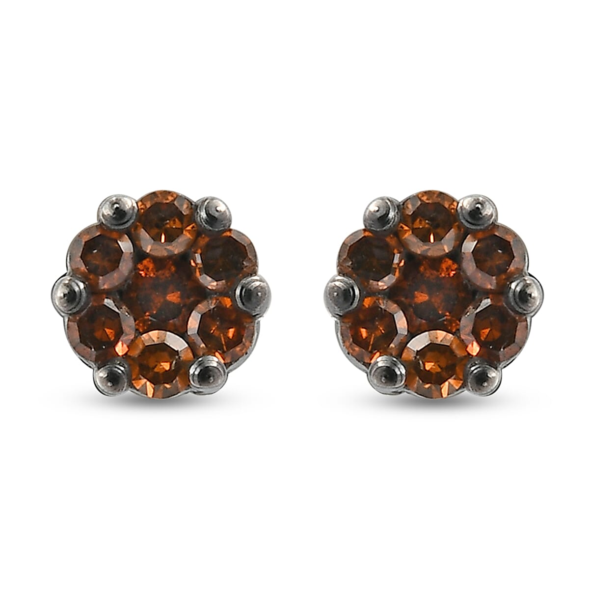 Red Diamond Pressure Set Floral Earrings (with Push Back) in Platinum Overlay Sterling Silver