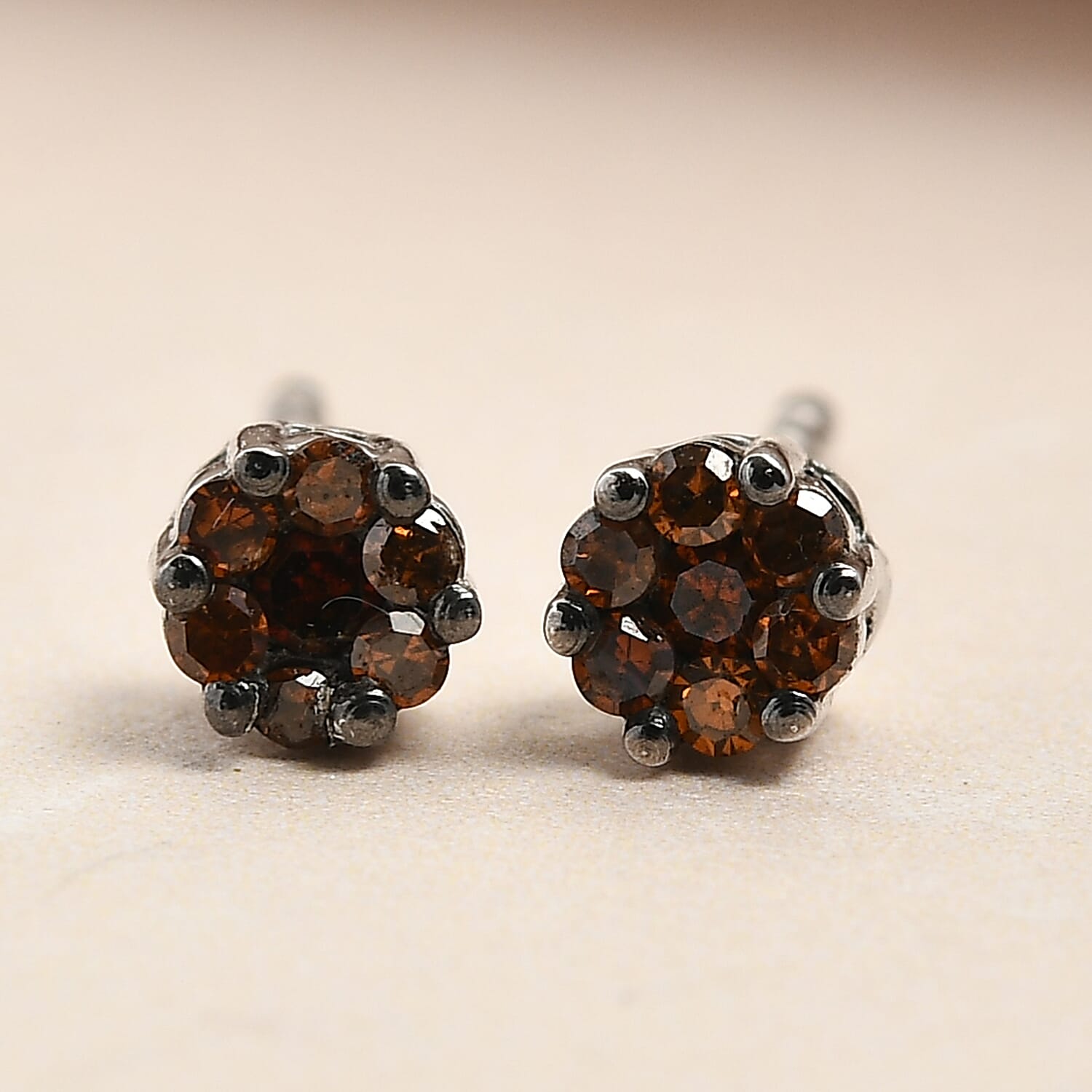 Red Diamond Pressure Set Floral Earrings (with Push Back) in Platinum Overlay Sterling Silver