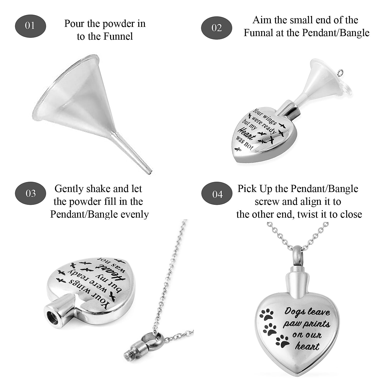 2 Piece Set - Engraved Memorial Heart Pendant with Chain (Size 20) and Funnel with Needle in Stainless Steel