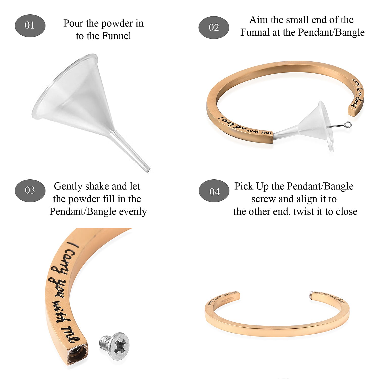 2 Piece Set - Engraved Message Memorial Bangle (Size 7), Screw Drive and Funnel with Needle in Yellow Gold Tone