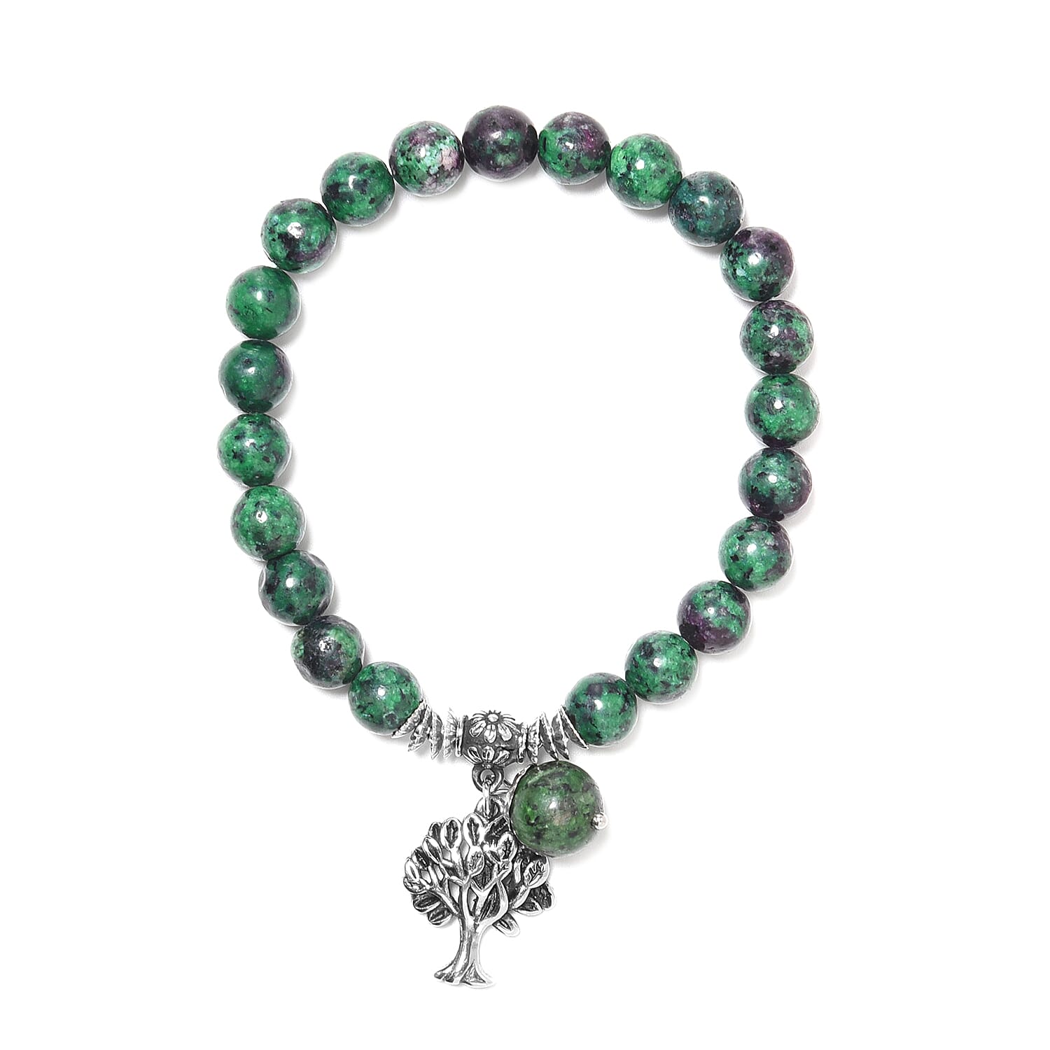 Ruby Zoisite Tree of Life Beads Stretchable Bracelet (Size 7-7.5) in Stainless Steel 77.00 Ct.