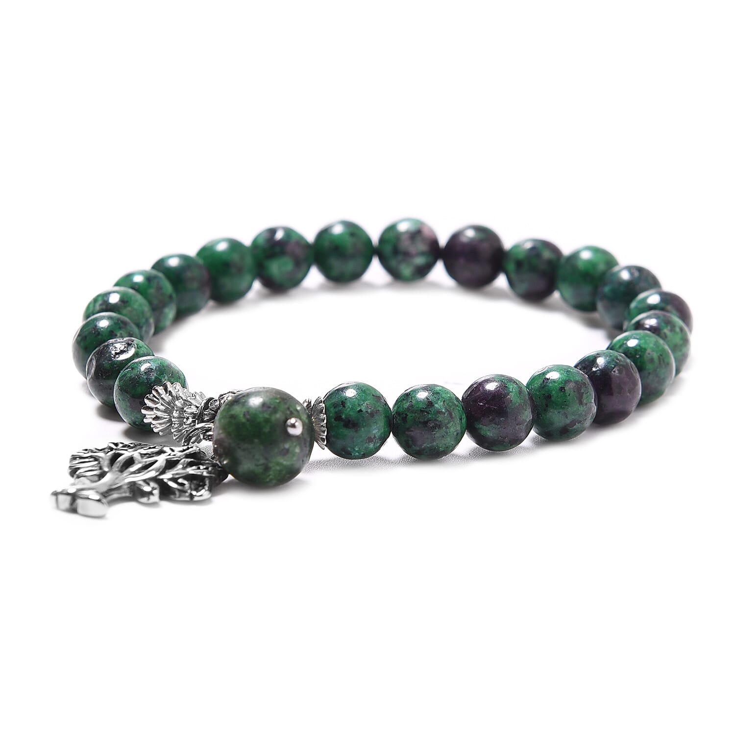 Ruby Zoisite Tree of Life Beads Stretchable Bracelet (Size 7-7.5) in Stainless Steel 77.00 Ct.