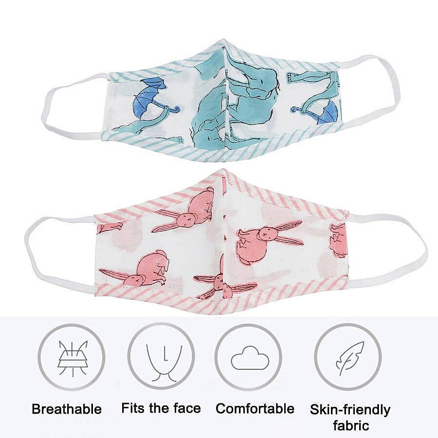 2 Piece Set - 100% Cotton Hand Block Printed Rabbit and Elephant Double Layer Reusable Face Cover - Pink and Blue