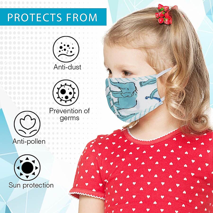 2 Piece Set - 100% Cotton Hand Block Printed Rabbit and Elephant Double Layer Reusable Face Cover - Pink and Blue