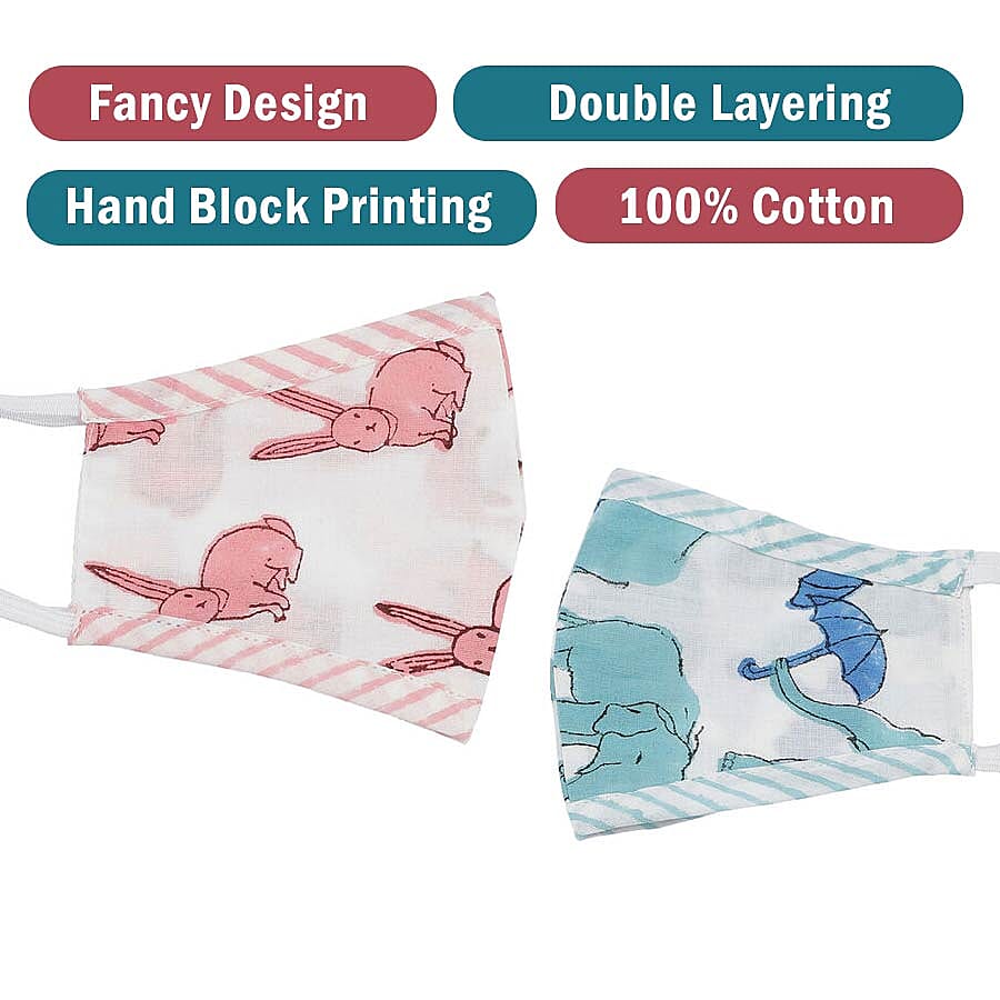 2 Piece Set - 100% Cotton Hand Block Printed Rabbit and Elephant Double Layer Reusable Face Cover - Pink and Blue