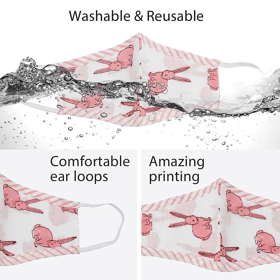 2 Piece Set - 100% Cotton Hand Block Printed Rabbit and Elephant Double Layer Reusable Face Cover - Pink and Blue