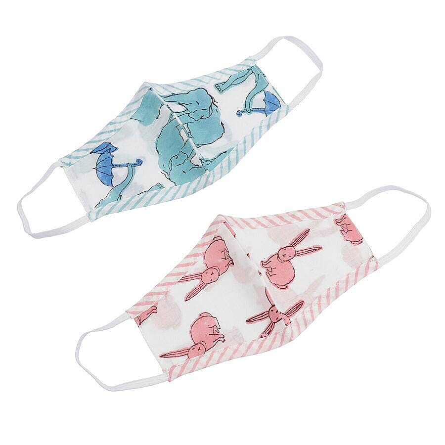 2 Piece Set - 100% Cotton Hand Block Printed Rabbit and Elephant Double Layer Reusable Face Cover - Pink and Blue