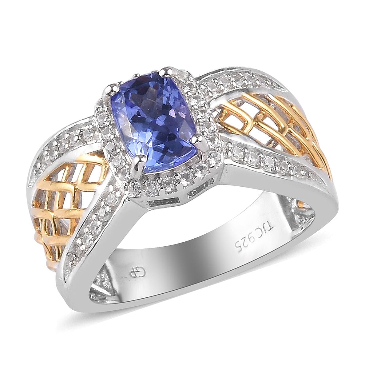 GP - Tanzanite, Natural Cambodian Zircon and Blue Sapphire Criss Cross Ring in Platinum and Yellow Gold Overlay Sterling Silver 1.32 Ct.
