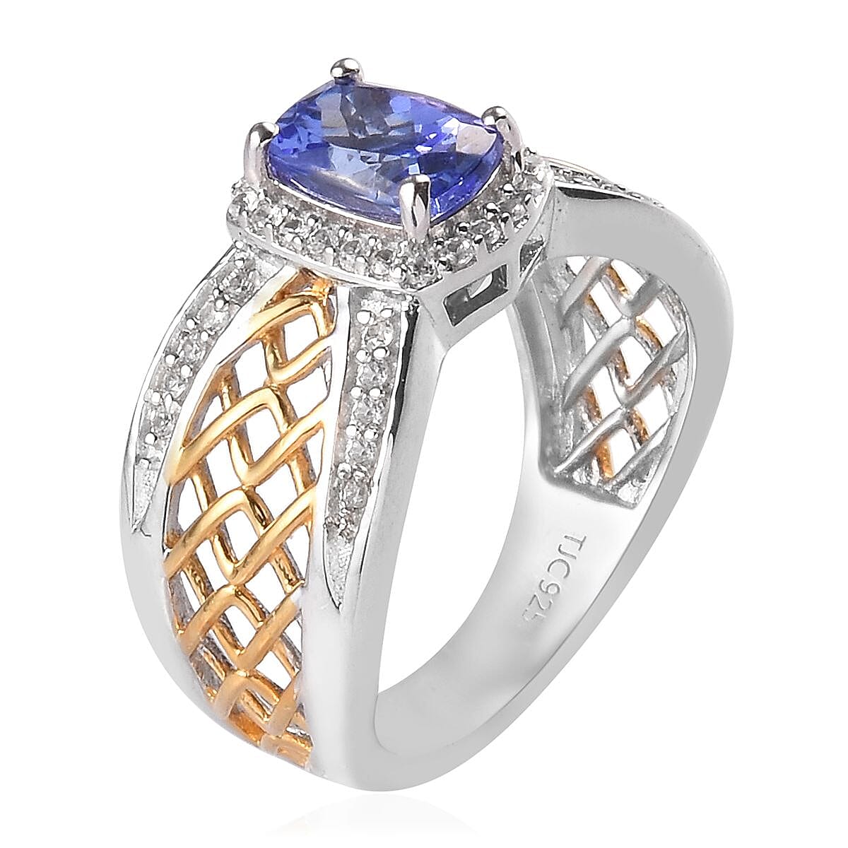 GP - Tanzanite, Natural Cambodian Zircon and Blue Sapphire Criss Cross Ring in Platinum and Yellow Gold Overlay Sterling Silver 1.32 Ct.