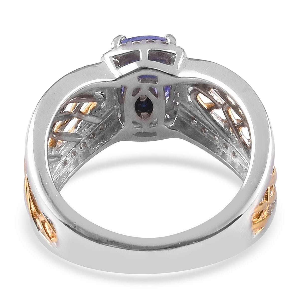 GP - Tanzanite, Natural Cambodian Zircon and Blue Sapphire Criss Cross Ring in Platinum and Yellow Gold Overlay Sterling Silver 1.32 Ct.