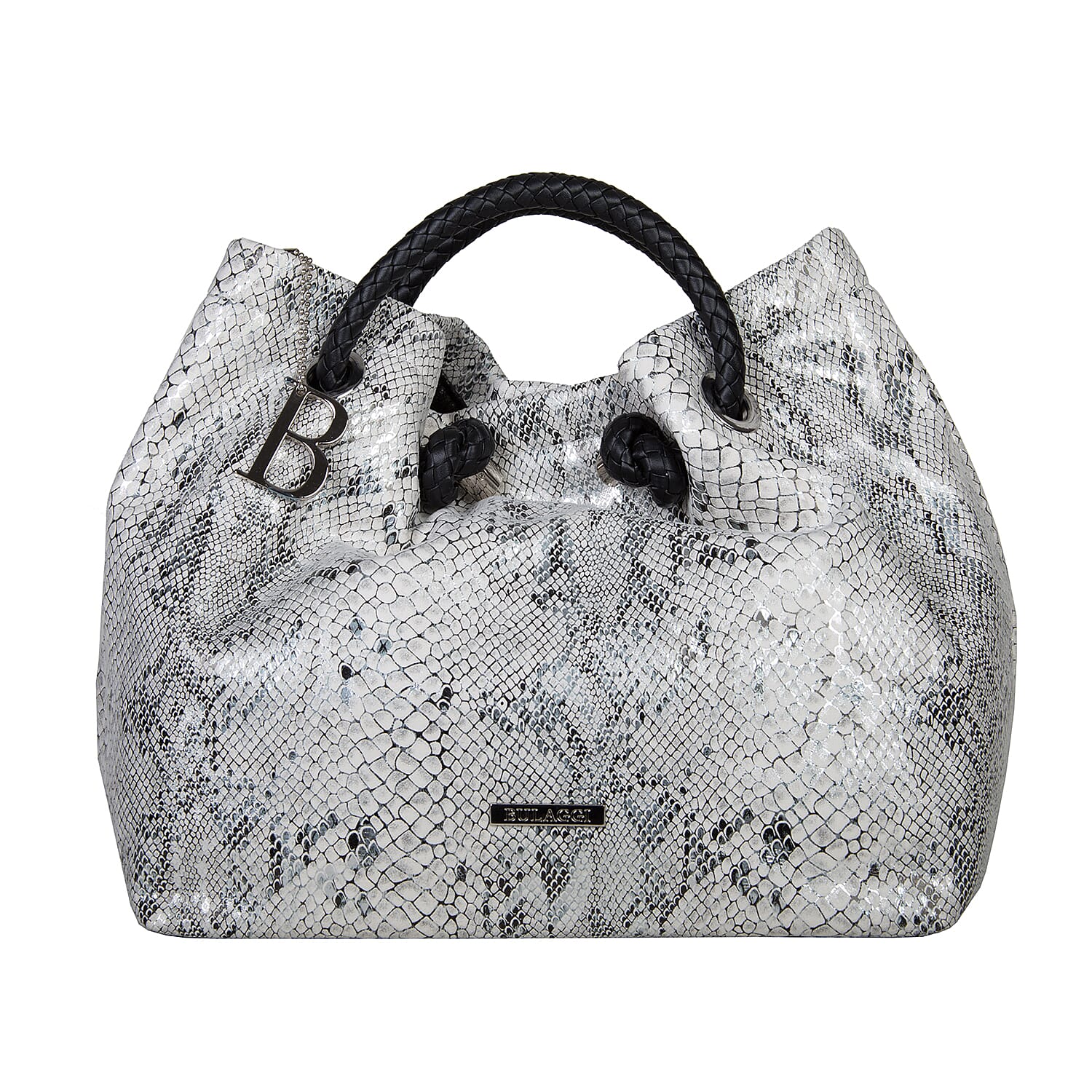 Bulaggi Collection - Jade Snake Print Handbag (Size 28x27x14 Cm) - White, Black and Silver